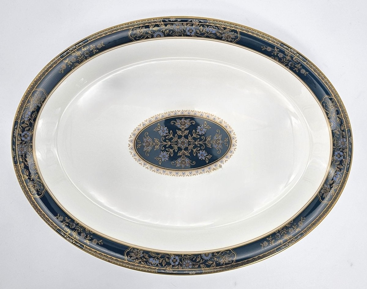 Royal Doulton Royal Doulton Carlyle 16" Oval Serving Platter – Elegant Bone, China, Blue Flowers, Gold Leaves, Teal Band, Christmas Dinnerware Heirloom - Oval Serving Platter ClassyTea