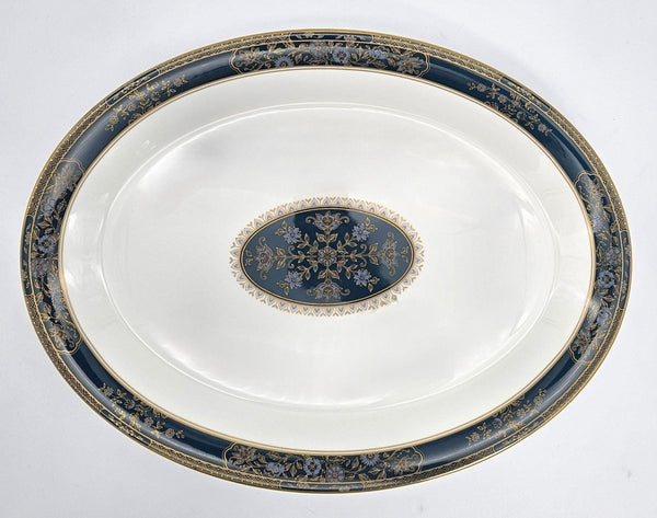Royal Doulton Royal Doulton Carlyle 16" Oval Serving Platter – Elegant Bone, China, Blue Flowers, Gold Leaves, Teal Band, Christmas Dinnerware Heirloom - Oval Serving Platter ClassyTea