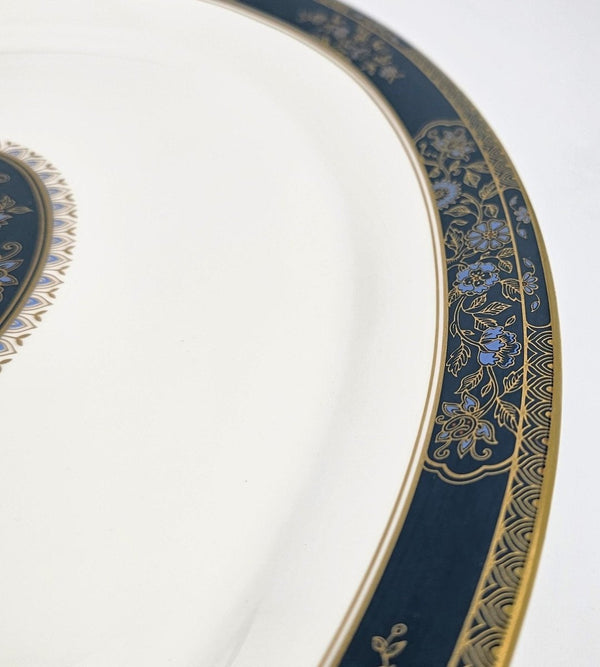 Royal Doulton Royal Doulton Carlyle 16" Oval Serving Platter – Elegant Bone, China, Blue Flowers, Gold Leaves, Teal Band, Christmas Dinnerware Heirloom - Oval Serving Platter ClassyTea