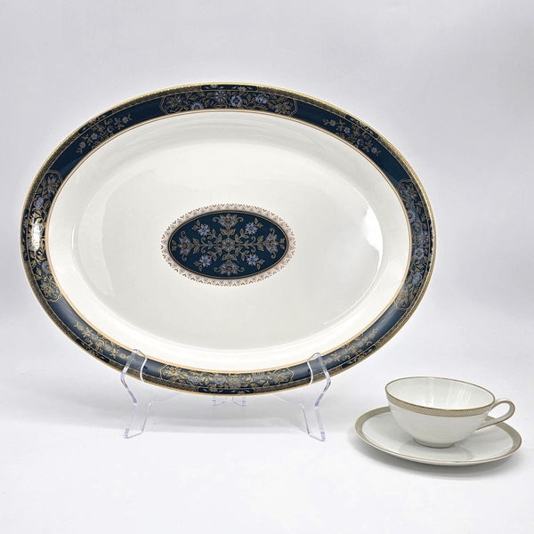 Royal Doulton Royal Doulton Carlyle 16" Oval Serving Platter – Elegant Bone, China, Blue Flowers, Gold Leaves, Teal Band, Christmas Dinnerware Heirloom - Oval Serving Platter ClassyTea