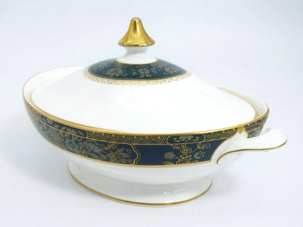 Royal Doulton Royal Doulton Carlyle Oval Covered Vegetable Bowl – Fine Bone China Serving Dish, Blue Flowers, Gold Leaves, Teal, Dinnerware Collectibles - Vegetable Bowl ClassyTea