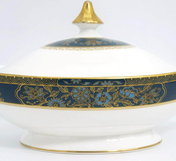 Royal Doulton Royal Doulton Carlyle Oval Covered Vegetable Bowl – Fine Bone China Serving Dish, Blue Flowers, Gold Leaves, Teal, Dinnerware Collectibles - Vegetable Bowl ClassyTea