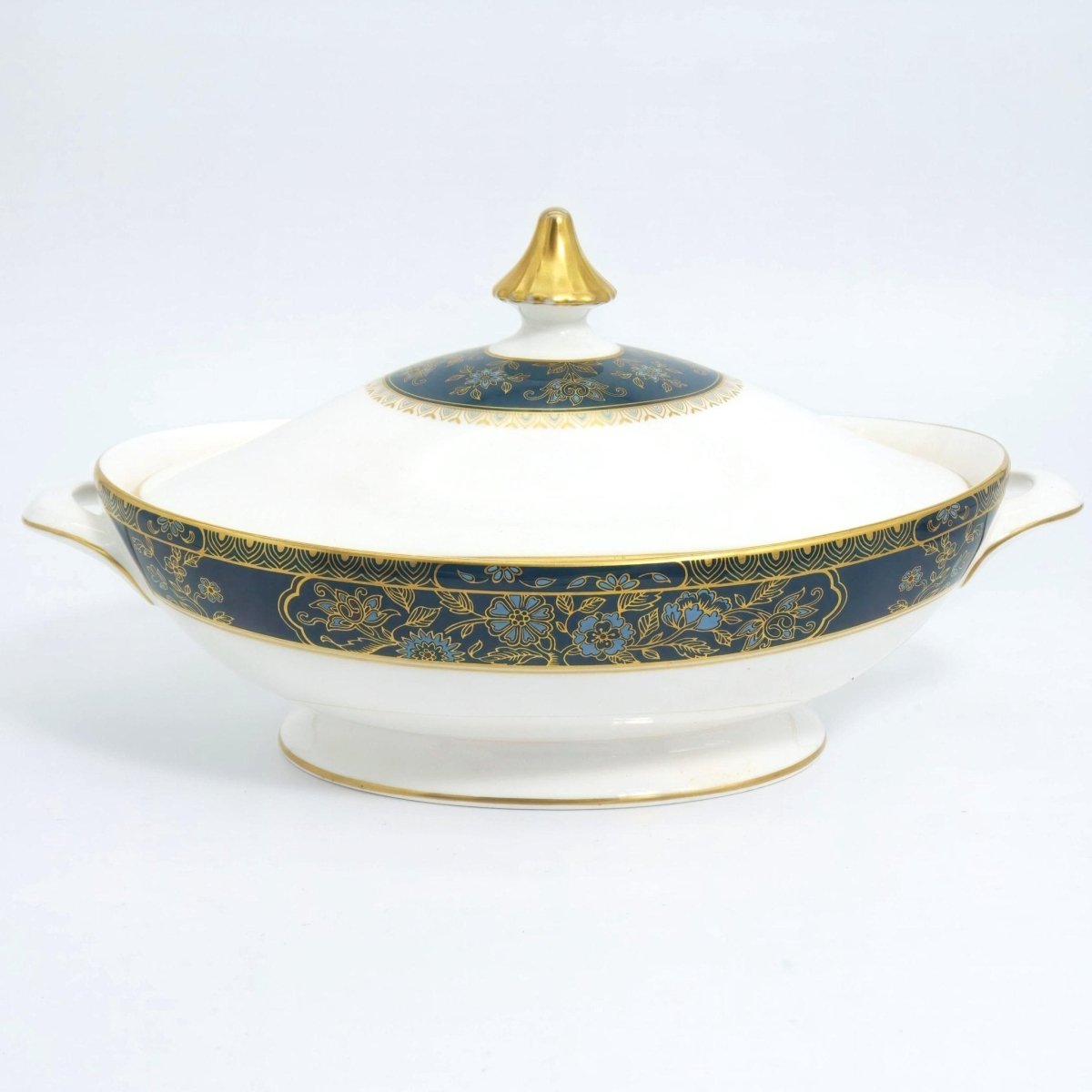 Royal Doulton Royal Doulton Carlyle Oval Covered Vegetable Bowl – Fine Bone China Serving Dish, Blue Flowers, Gold Leaves, Teal, Dinnerware Collectibles - Vegetable Bowl ClassyTea
