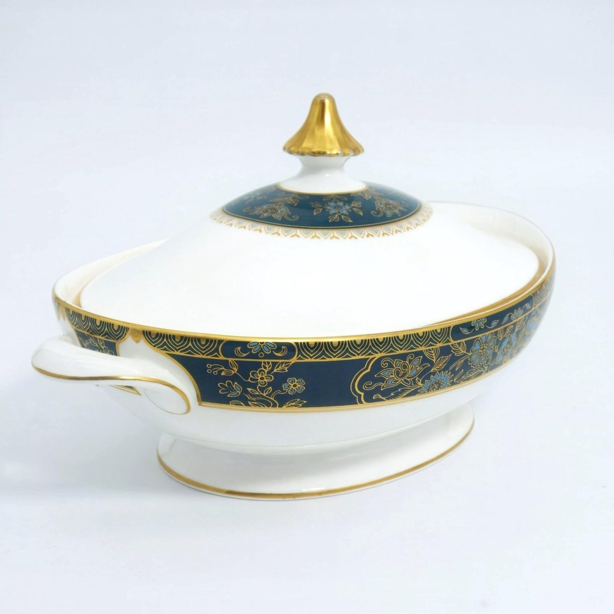 Royal Doulton Royal Doulton Carlyle Oval Covered Vegetable Bowl – Fine Bone China Serving Dish, Blue Flowers, Gold Leaves, Teal, Dinnerware Collectibles - Vegetable Bowl ClassyTea