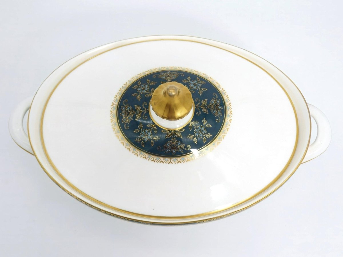 Royal Doulton Royal Doulton Carlyle Oval Covered Vegetable Bowl – Fine Bone China Serving Dish, Blue Flowers, Gold Leaves, Teal, Dinnerware Collectibles - Vegetable Bowl ClassyTea