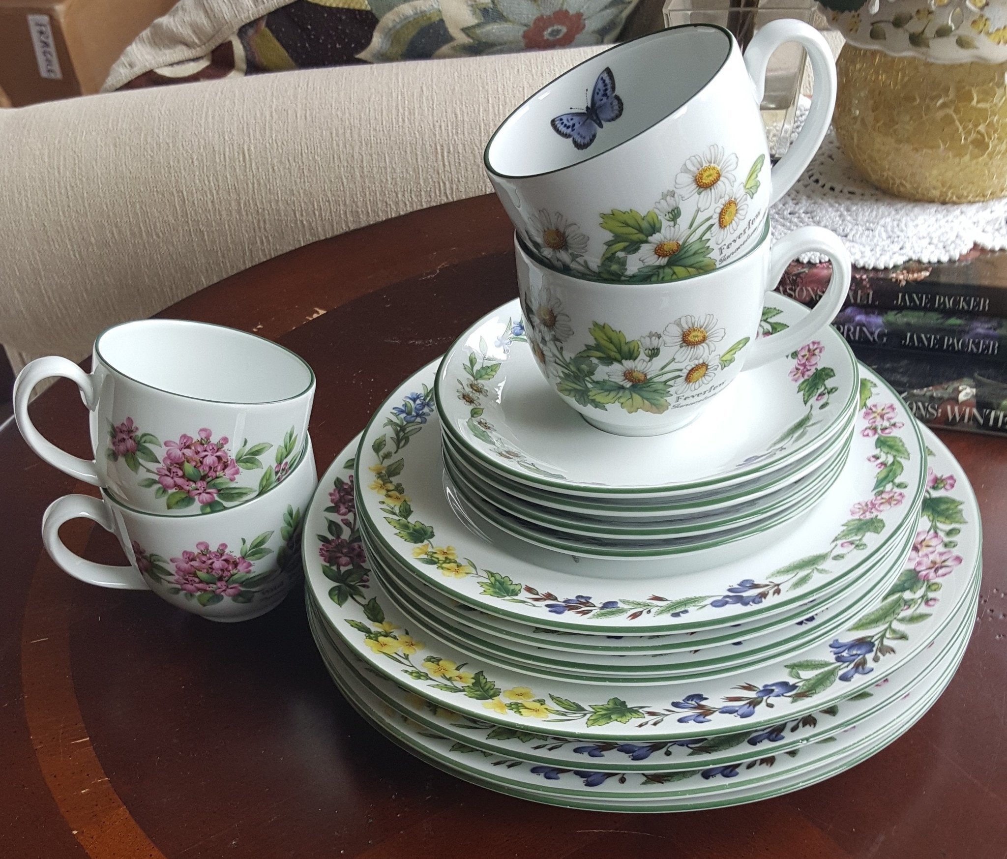 Royal Worcester Service for 4 Royal Worcester Herbs Malvern Botanical Florals Green Trim on White Porcelain, Rosemary & Sage Herbs 16 Piece Dinnerware Set - China Set ClassyTea