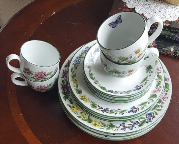 Royal Worcester Service for 4 Royal Worcester Herbs Malvern Botanical Florals Green Trim on White Porcelain, Rosemary & Sage Herbs 16 Piece Dinnerware Set - China Set ClassyTea