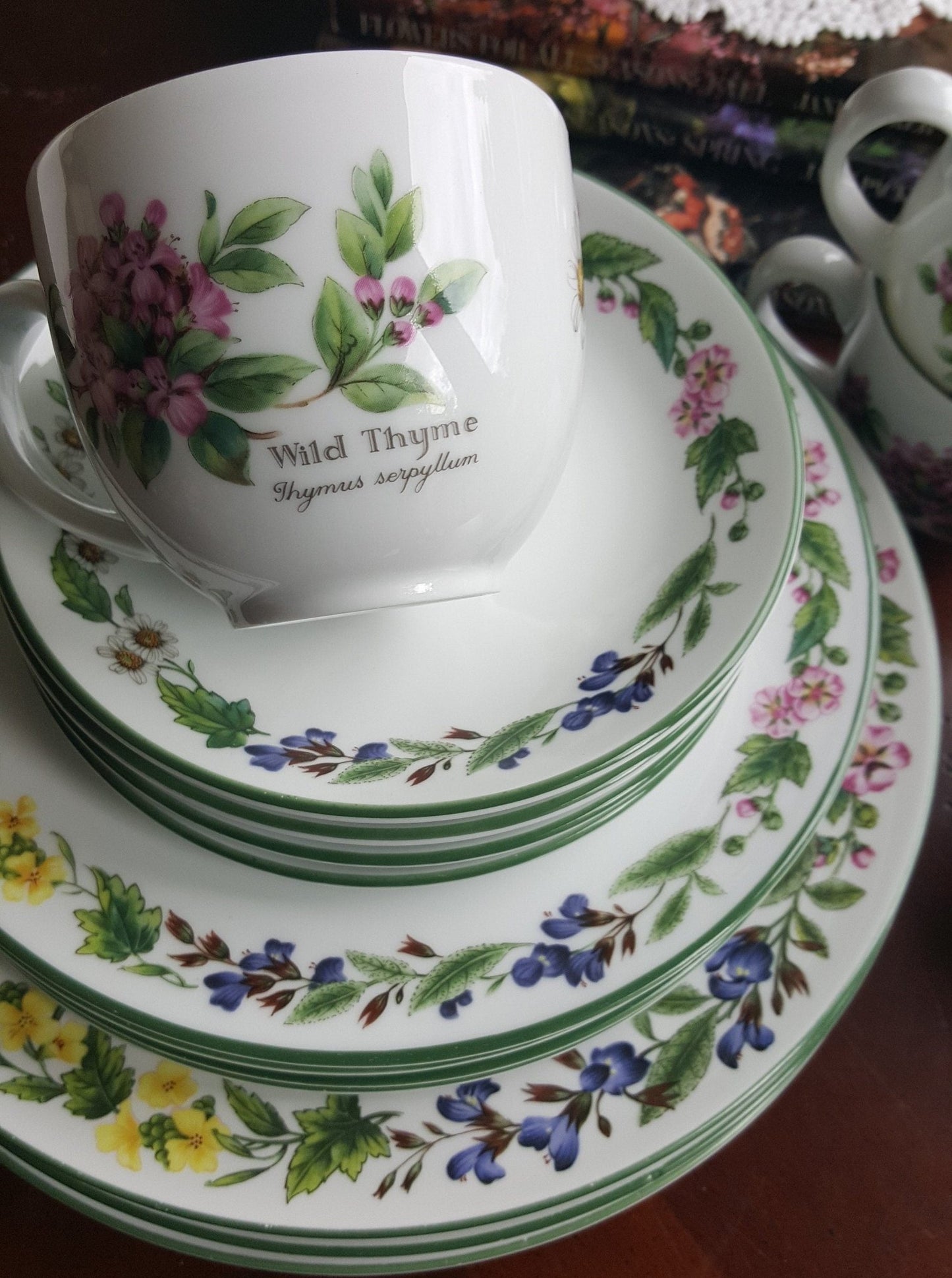 Royal Worcester Service for 4 Royal Worcester Herbs Malvern Botanical Florals Green Trim on White Porcelain, Rosemary & Sage Herbs 16 Piece Dinnerware Set - China Set ClassyTea
