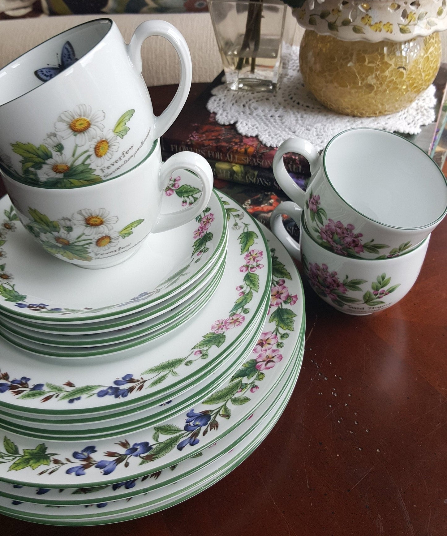 Royal Worcester Service for 4 Royal Worcester Herbs Malvern Botanical Florals Green Trim on White Porcelain, Rosemary & Sage Herbs 16 Piece Dinnerware Set - China Set ClassyTea