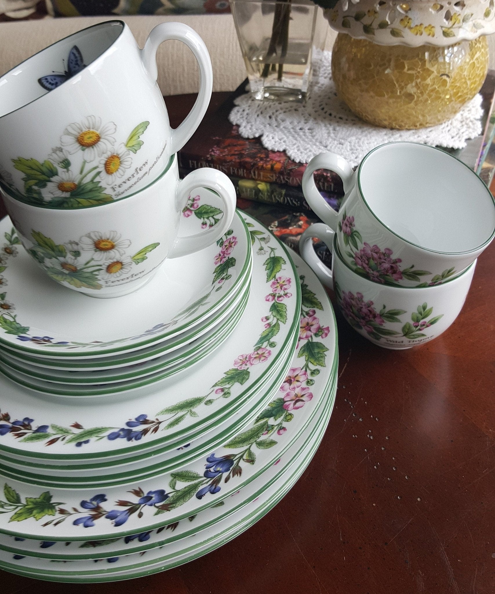 Royal Worcester Service for 4 Royal Worcester Herbs Malvern Botanical Florals Green Trim on White Porcelain, Rosemary & Sage Herbs 16 Piece Dinnerware Set - China Set ClassyTea