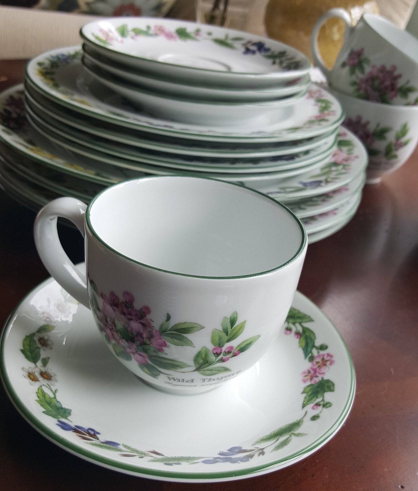 Royal Worcester Service for 4 Royal Worcester Herbs Malvern Botanical Florals Green Trim on White Porcelain, Rosemary & Sage Herbs 16 Piece Dinnerware Set - China Set ClassyTea