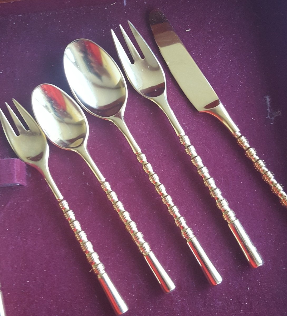 Stanley Roberts Vintage Gold Plated Flatware Set for 8 Stanley Roberts Golden Straita Silverware 50 Piece Rope Handle Wedding Gift 50th Anniversary Gift - Goldplated Flatware ClassyTea