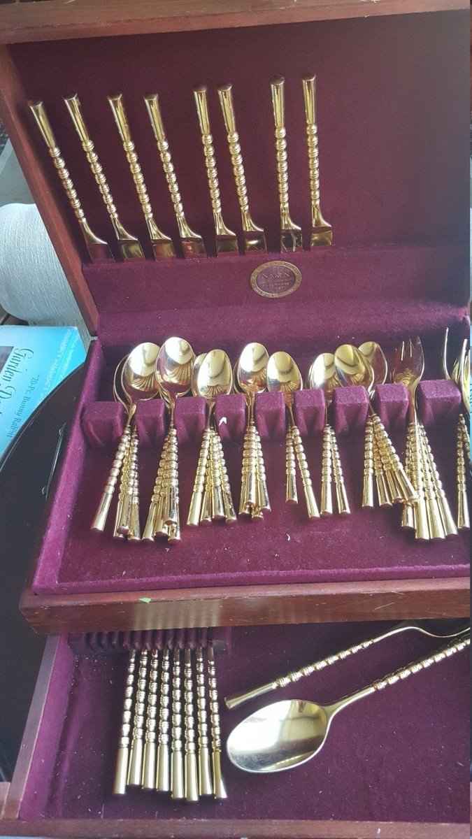 Stanley Roberts Vintage Gold Plated Flatware Set for 8 Stanley Roberts Golden Straita Silverware 50 Piece Rope Handle Wedding Gift 50th Anniversary Gift - Goldplated Flatware ClassyTea