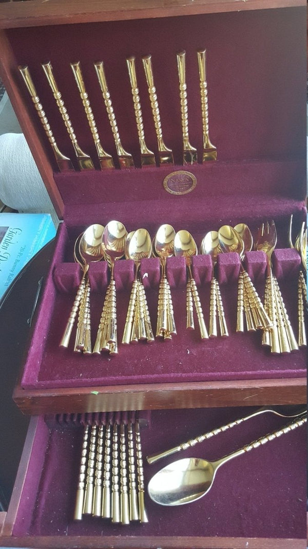 Stanley Roberts Vintage Gold Plated Flatware Set for 8 Stanley Roberts Golden Straita Silverware 50 Piece Rope Handle Wedding Gift 50th Anniversary Gift - Goldplated Flatware ClassyTea