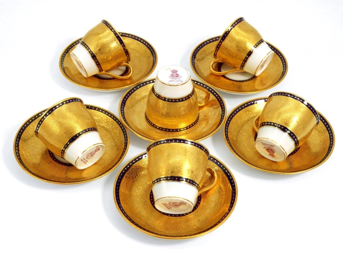 Tiffany & Co 1870s Antique Tiffany and Co. Bone China Espresso Cup Set | 22kt Gold Encrusted Victorian Era Demitasse Bone China Minton Cobalt Blue 20s - Demitasse/Espresso Cups ClassyTea