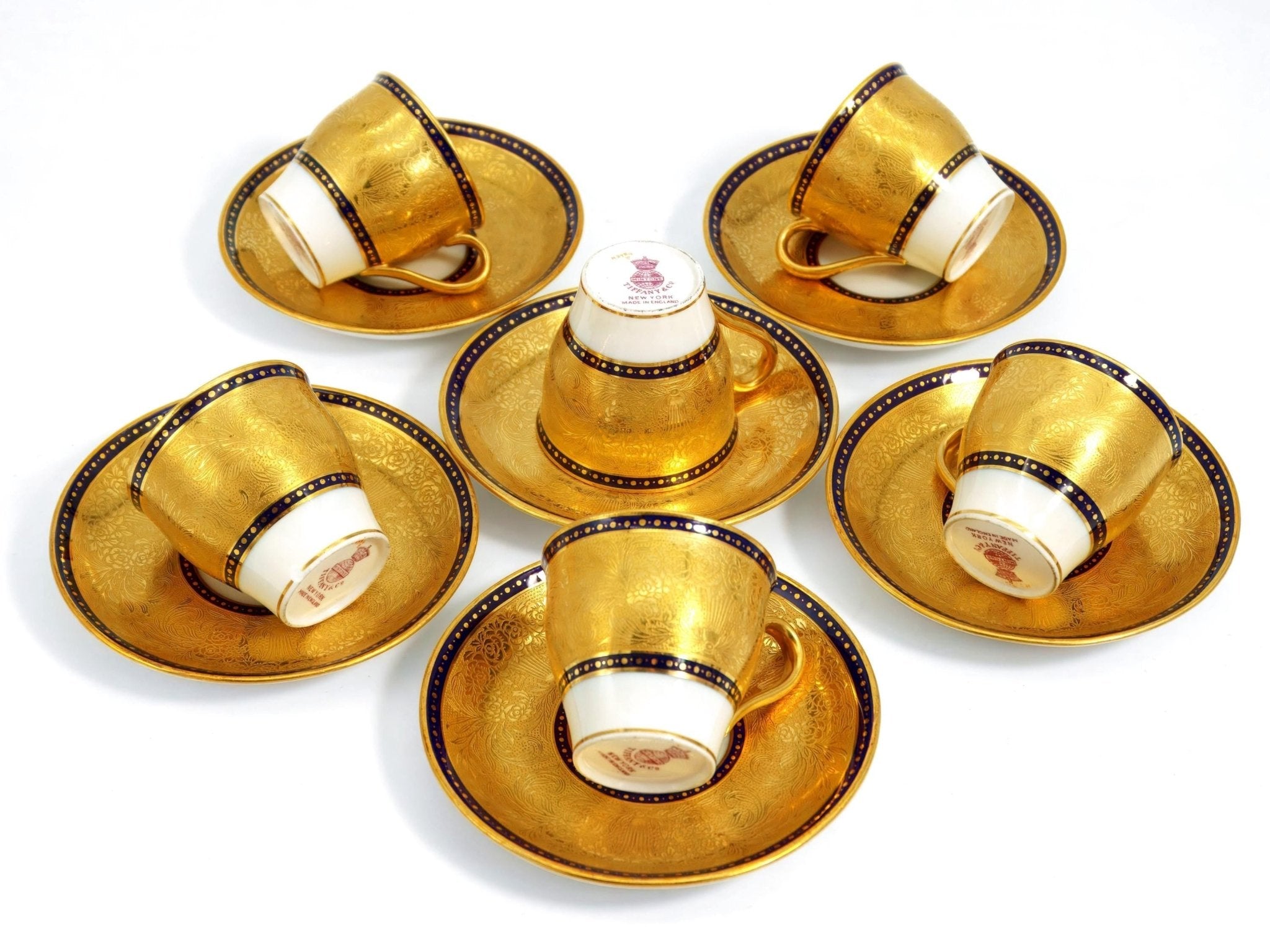 Tiffany & Co 1870s Antique Tiffany and Co. Bone China Espresso Cup Set | 22kt Gold Encrusted Victorian Era Demitasse Bone China Minton Cobalt Blue 20s - Demitasse/Espresso Cups ClassyTea