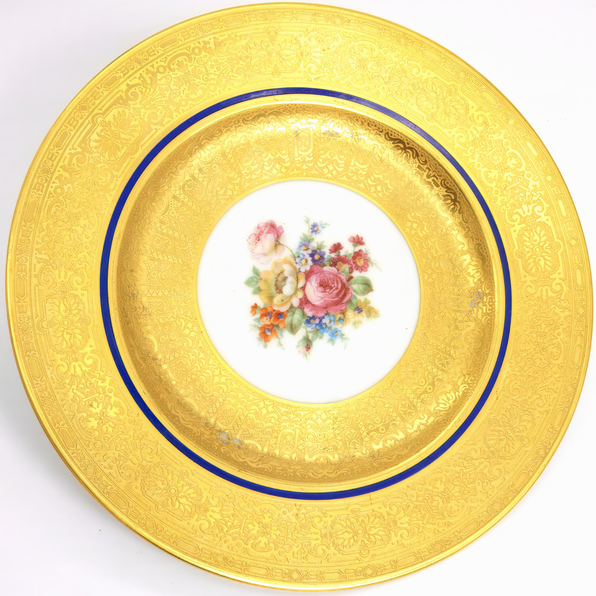 Antique Gold, Cobalt, and Floral China Cabinet Plate Set For 6