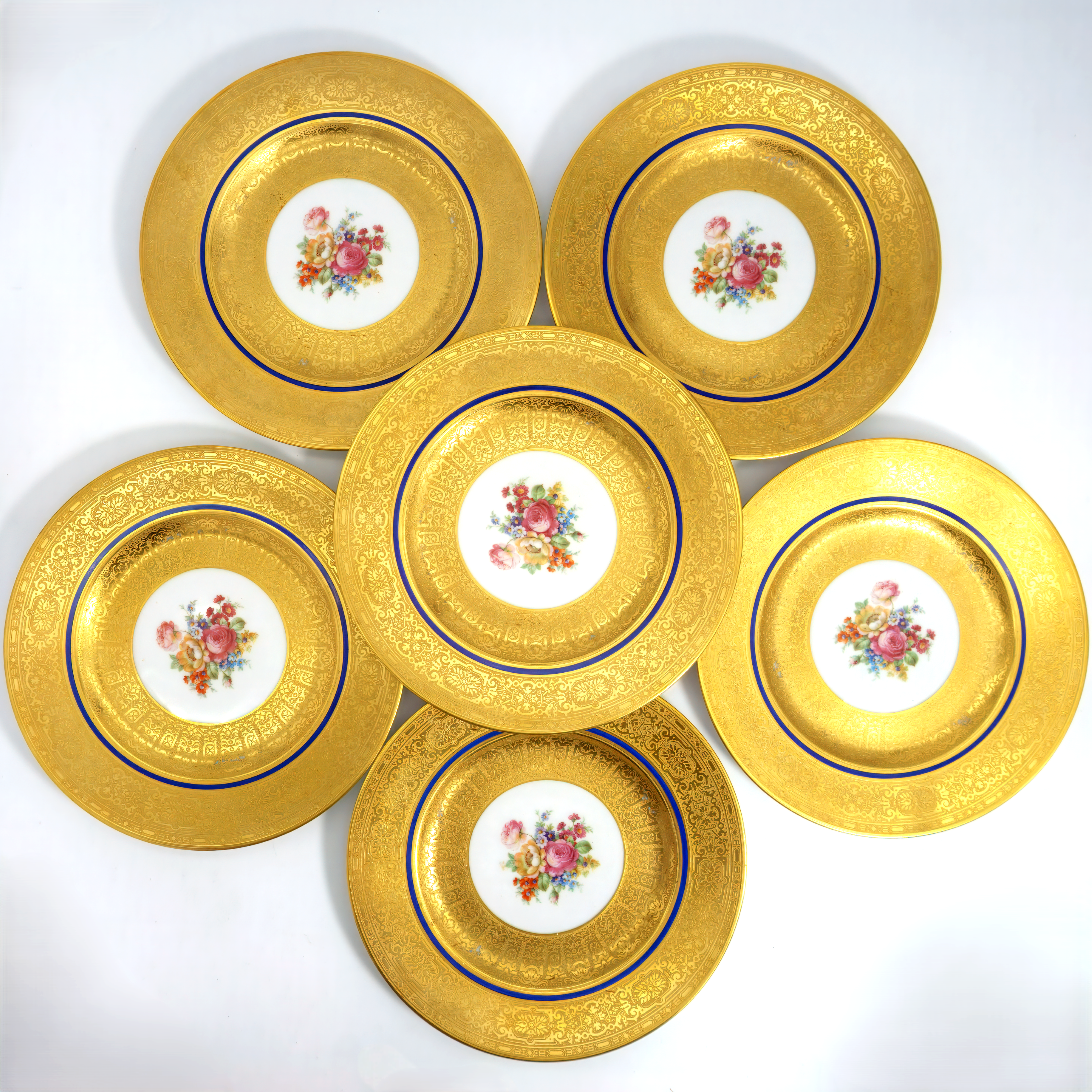 Antique Gold, Cobalt, and Floral China Cabinet Plate Set For 6