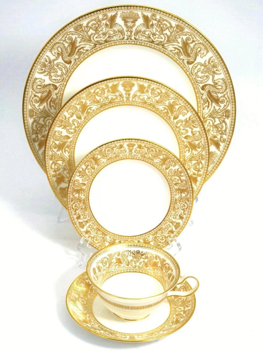 Wedgwood 1960s Wedgwood Florentine Gold China Set for 8 | 22kt e Vintage China Cabinet Wedding China Anniversary Golden Dragons On White - China Set ClassyTea
