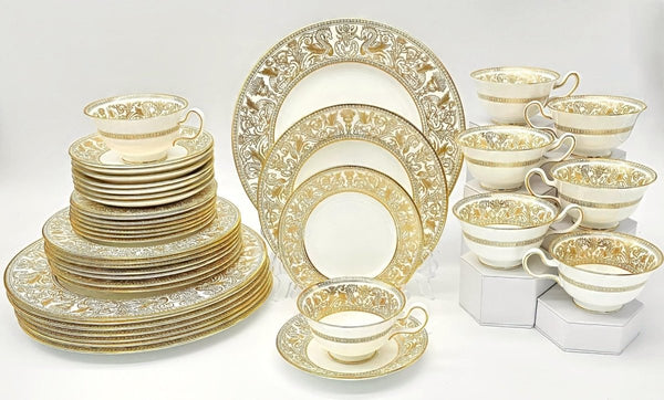 Wedgwood 1960s Wedgwood Florentine Gold China Set for 8 | 22kt e Vintage China Cabinet Wedding China Anniversary Golden Dragons On White - China Set ClassyTea