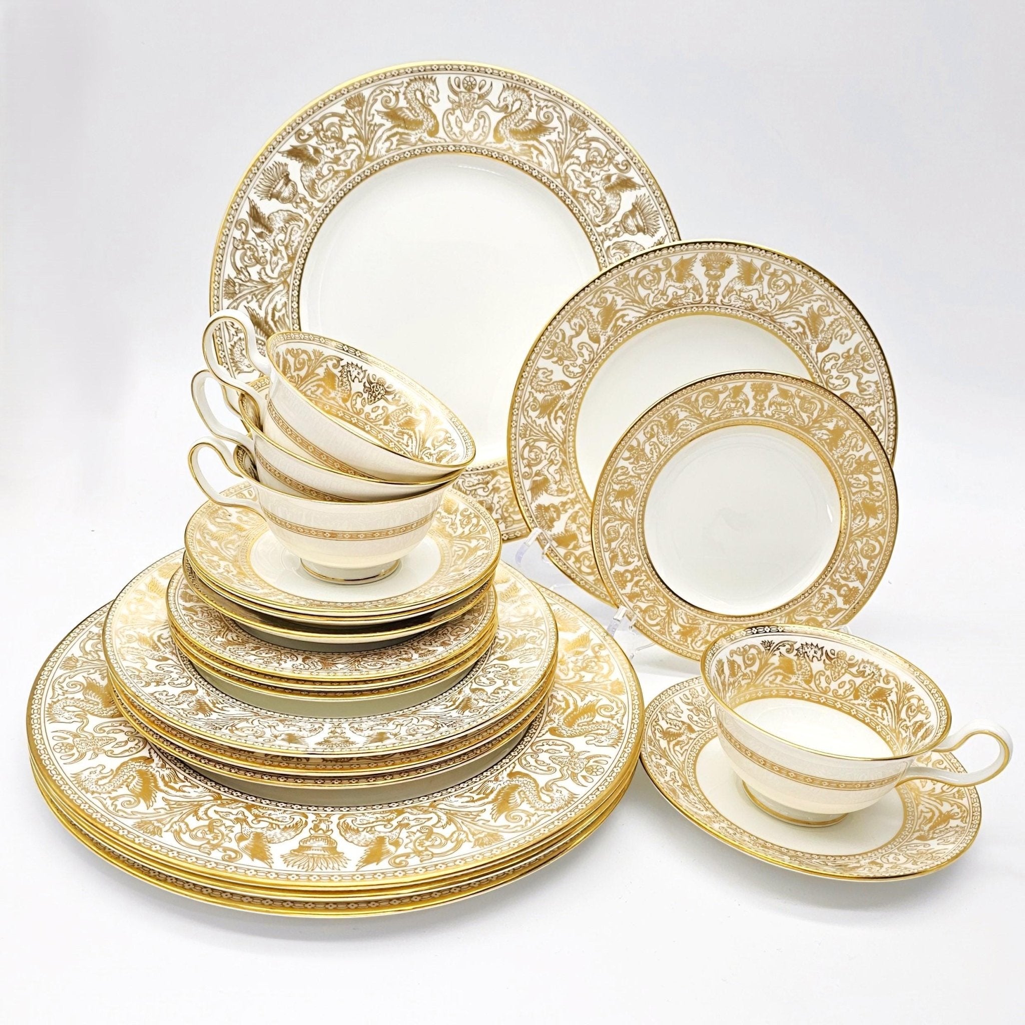 Wedgwood Vintage Wedgwood Florentine Gold Dragon Dinnerware Set - Fine Bone China Service for 4, Estate Collection, Mid Century China - China Set ClassyTea