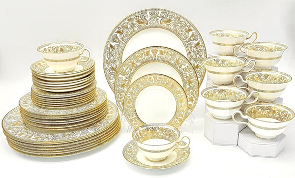 Wedgwood Wedgwood Florentine Gold Fine Bone China Set For 8 Dinnerware 22kt Gold Dragons On White Heirloom Anniversary Quiet Luxury Bone Vintage - China Set ClassyTea