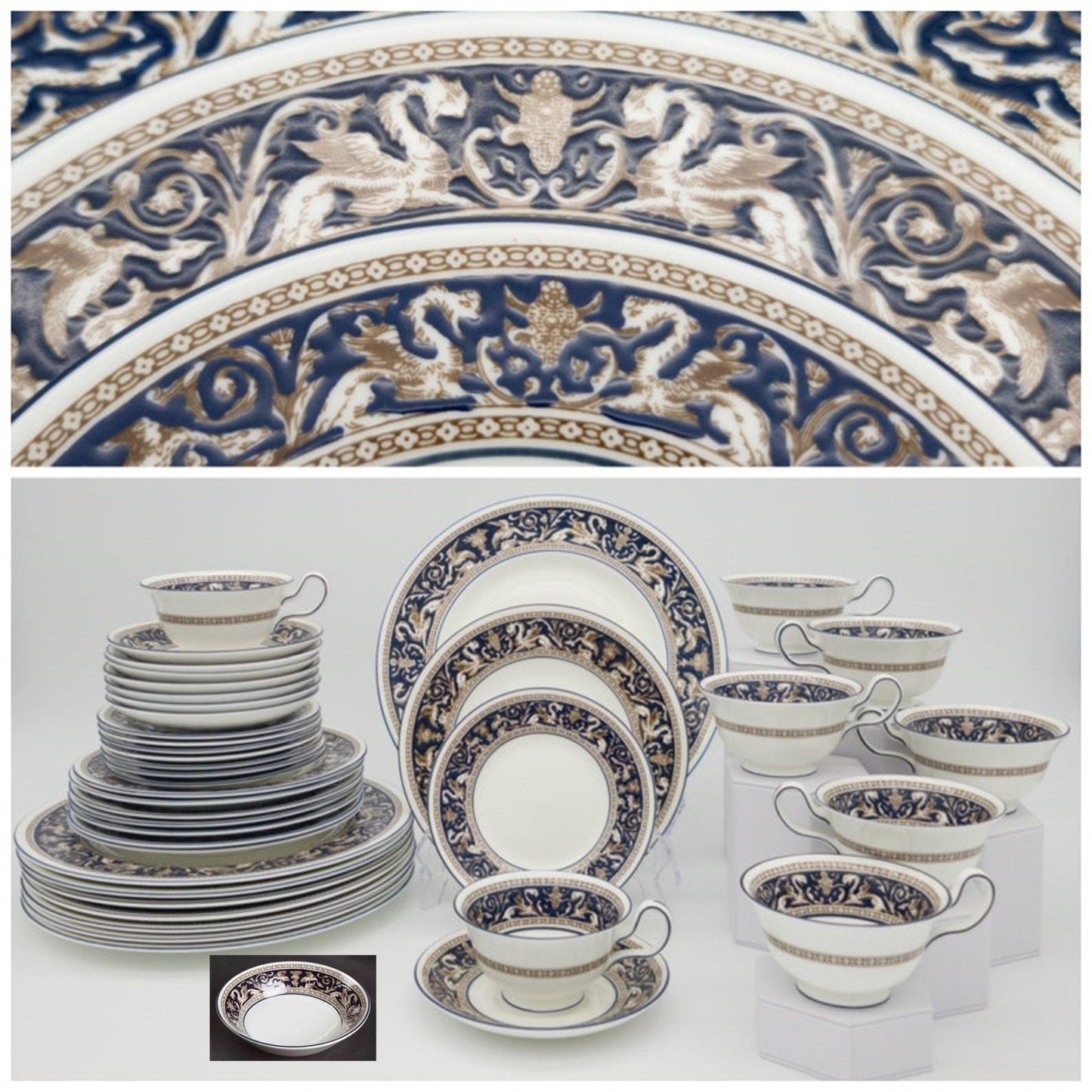 Wedgwood Wedgwood Florentine Set for 8 Brown Dragons On Blue | Dark Blue Trim and White | Stunning 40 Piece Set, Estate Dinnerware, High - end China - China Set ClassyTea