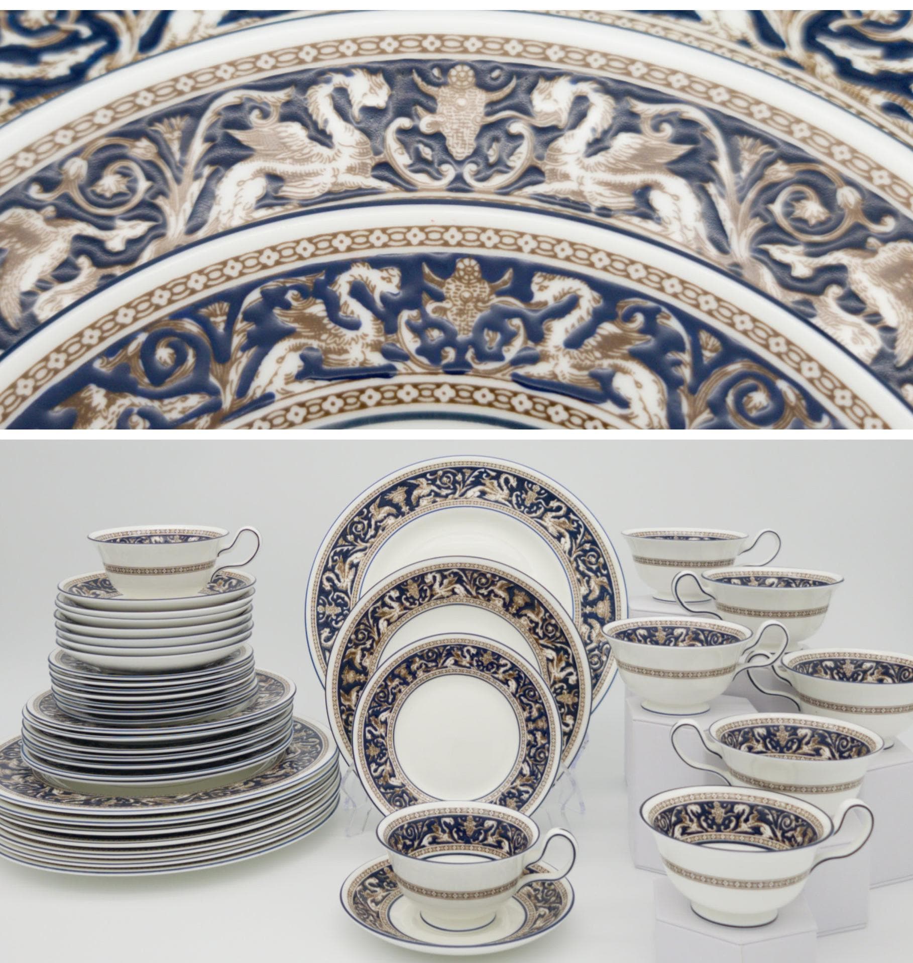 Wedgwood Wedgwood Florentine Set for 8 Brown Dragons On Blue | Dark Blue Trim and White | Stunning 40 Piece Set, Estate Dinnerware, High - end China - China Set ClassyTea