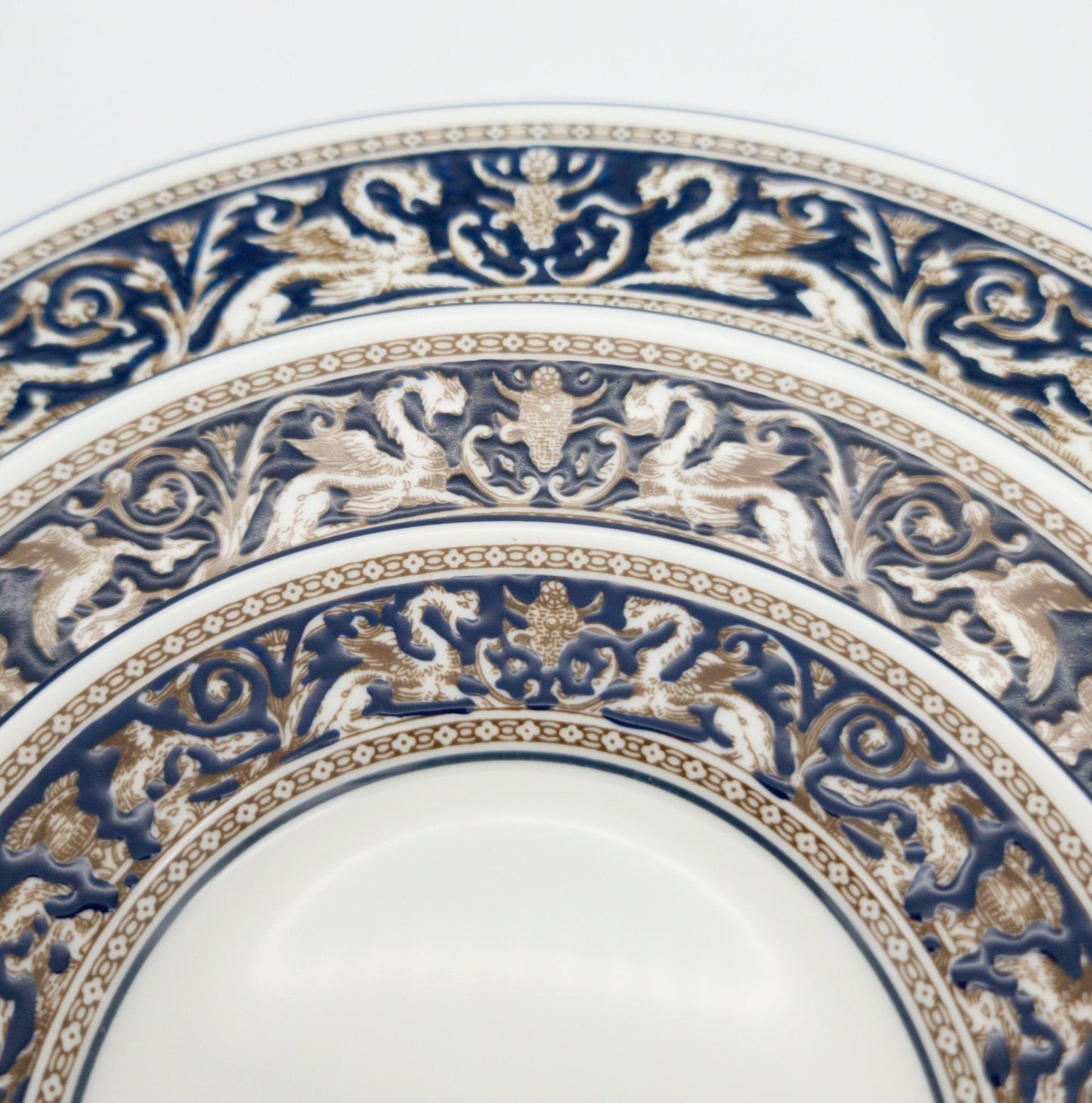 Wedgwood Wedgwood Florentine Set for 8 Brown Dragons On Blue | Dark Blue Trim and White | Stunning 40 Piece Set, Estate Dinnerware, High - end China - China Set ClassyTea