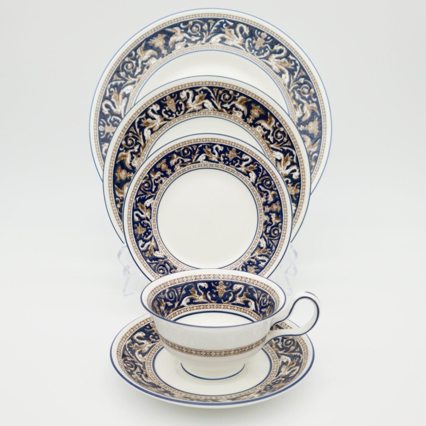 Wedgwood Wedgwood Florentine Set for 8 Brown Dragons On Blue | Dark Blue Trim and White | Stunning 40 Piece Set, Estate Dinnerware, High - end China - China Set ClassyTea