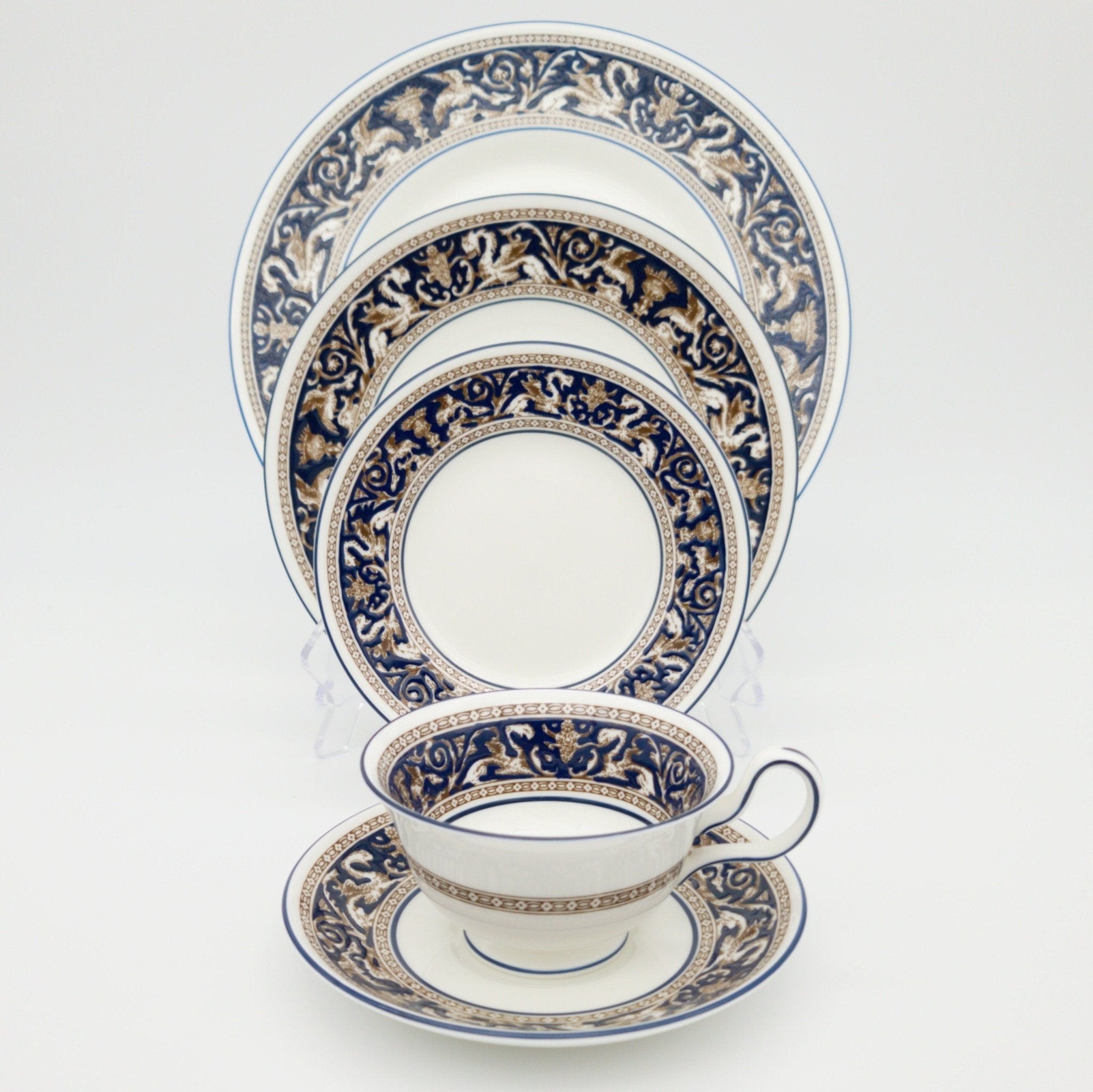 Wedgwood Wedgwood Florentine Set for 8 Brown Dragons On Blue | Dark Blue Trim and White | Stunning 40 Piece Set, Estate Dinnerware, High - end China - China Set ClassyTea