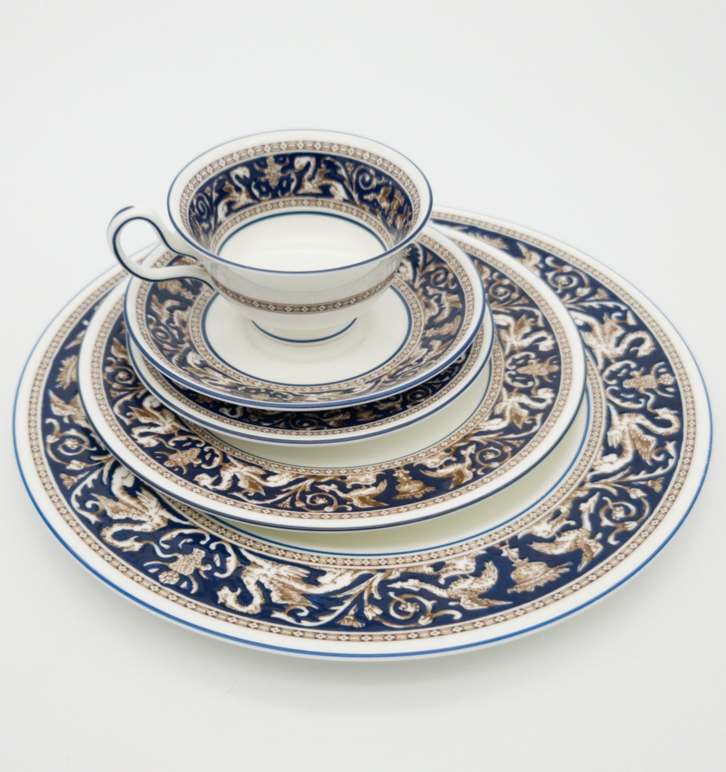 Wedgwood Wedgwood Florentine Set for 8 Brown Dragons On Blue | Dark Blue Trim and White | Stunning 40 Piece Set, Estate Dinnerware, High - end China - China Set ClassyTea