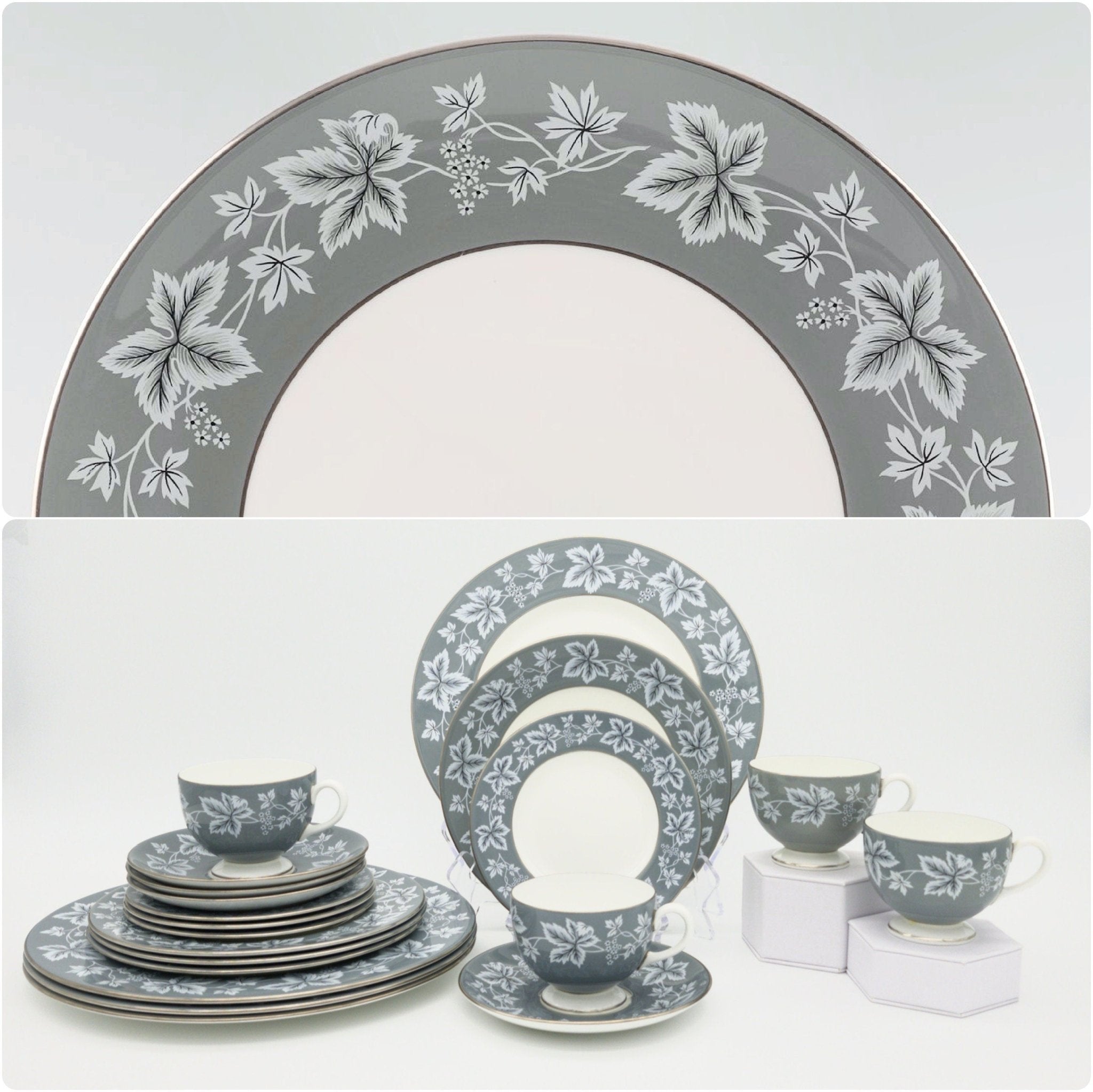 Wedgwood Wedgwood Moselle Gray China Set for 4 | White Leaves, Platinum Trim with Gray Rim Dinnerware Set | Stunning Estate Dinnerware Sage Green - China Set ClassyTea