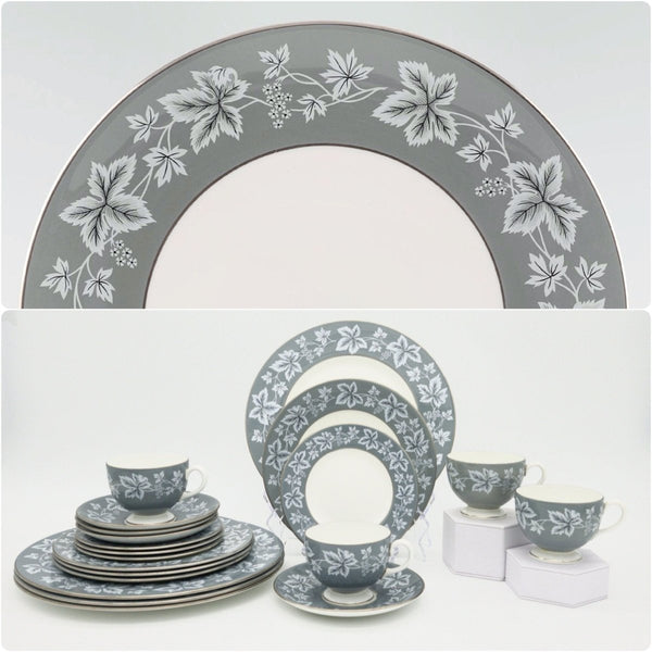Wedgwood Wedgwood Moselle Gray China Set for 4 | White Leaves, Platinum Trim with Gray Rim Dinnerware Set | Stunning Estate Dinnerware Sage Green - China Set ClassyTea