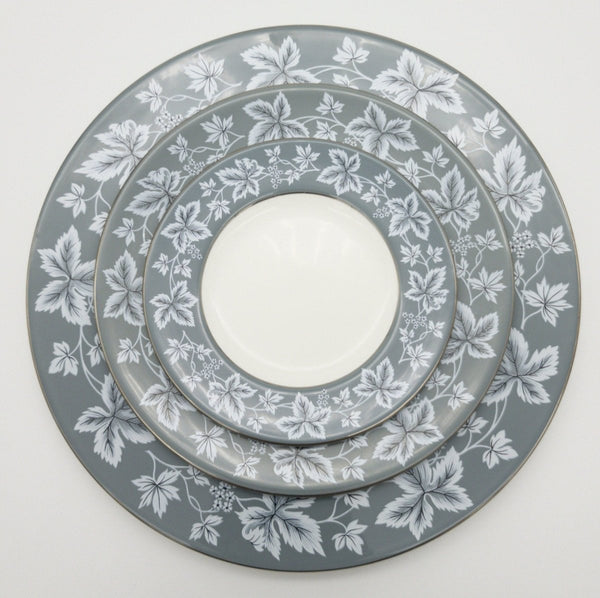 Wedgwood Wedgwood Moselle Gray China Set for 4 | White Leaves, Platinum Trim with Gray Rim Dinnerware Set | Stunning Estate Dinnerware Sage Green - China Set ClassyTea
