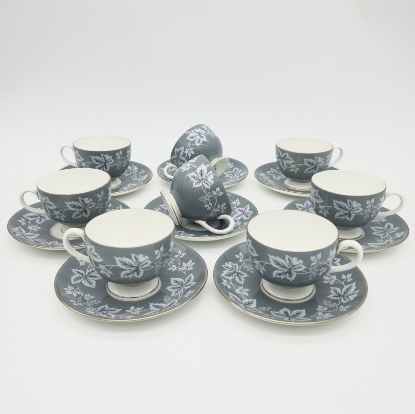 Wedgwood Wedgwood Moselle Gray China Set for 4 | White Leaves, Platinum Trim with Gray Rim Dinnerware Set | Stunning Estate Dinnerware Sage Green - China Set ClassyTea