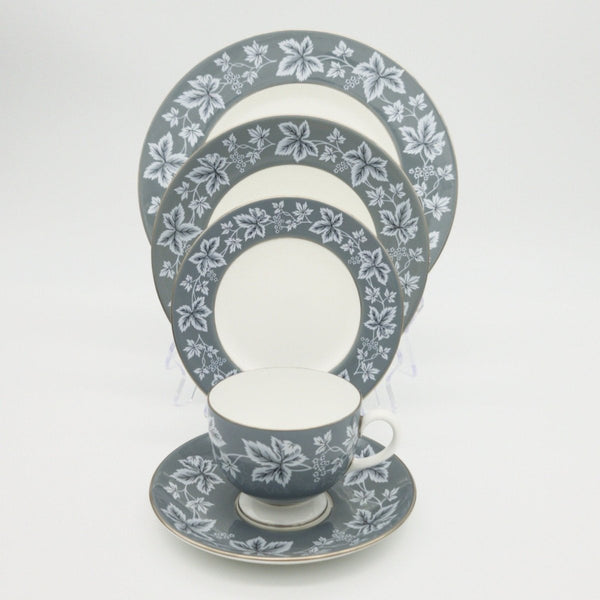 Wedgwood Wedgwood Moselle Gray China Set for 4 | White Leaves, Platinum Trim with Gray Rim Dinnerware Set | Stunning Estate Dinnerware Sage Green - China Set ClassyTea