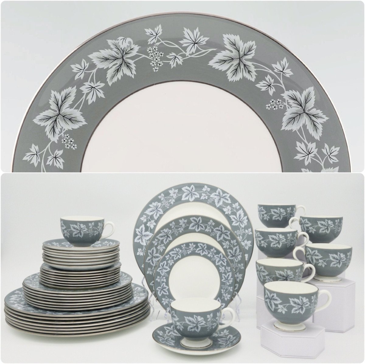 Wedgwood Wedgwood Moselle Gray Dinner Set - Made in England, Bone China Set for 8, Floral Design - 40 Pieces, Vintage 1960s, Wedding or Bridal Gift - China Set ClassyTea