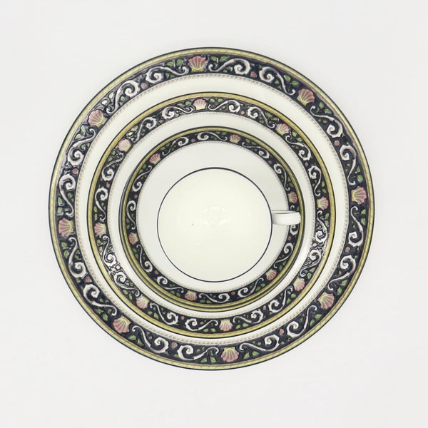 Wedgwood Wedgwood Runnymede China Set for 8, Dark Blue, Pink Shells, and Floral elements, Thanksgiving Dinnerware, Estate China set, Fine Bone China - China Set ClassyTea