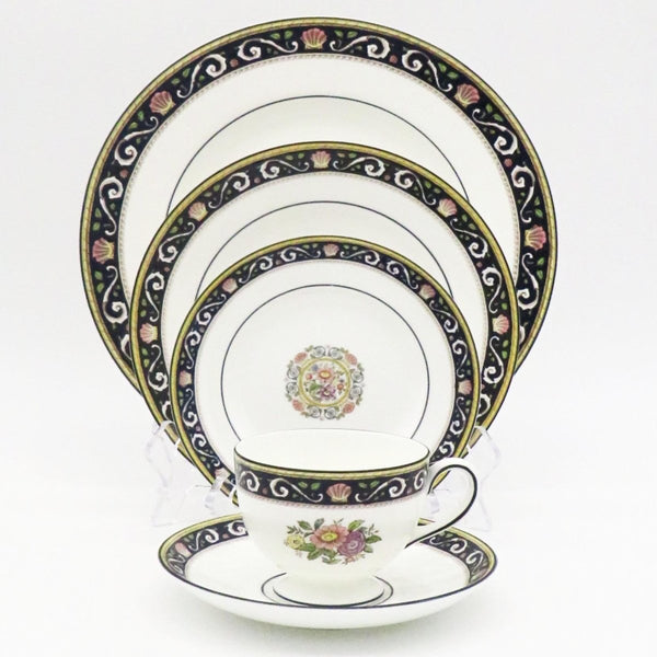 Wedgwood Wedgwood Runnymede China Set for 8, Dark Blue, Pink Shells, and Floral elements, Thanksgiving Dinnerware, Estate China set, Fine Bone China - China Set ClassyTea