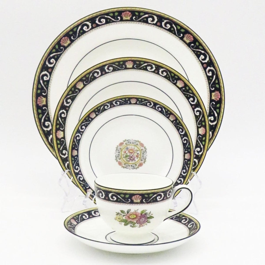 Wedgwood Wedgwood Runnymede China Set for 8, Dark Blue, Pink Shells, and Floral elements, Thanksgiving Dinnerware, Estate China set, Fine Bone China - China Set ClassyTea