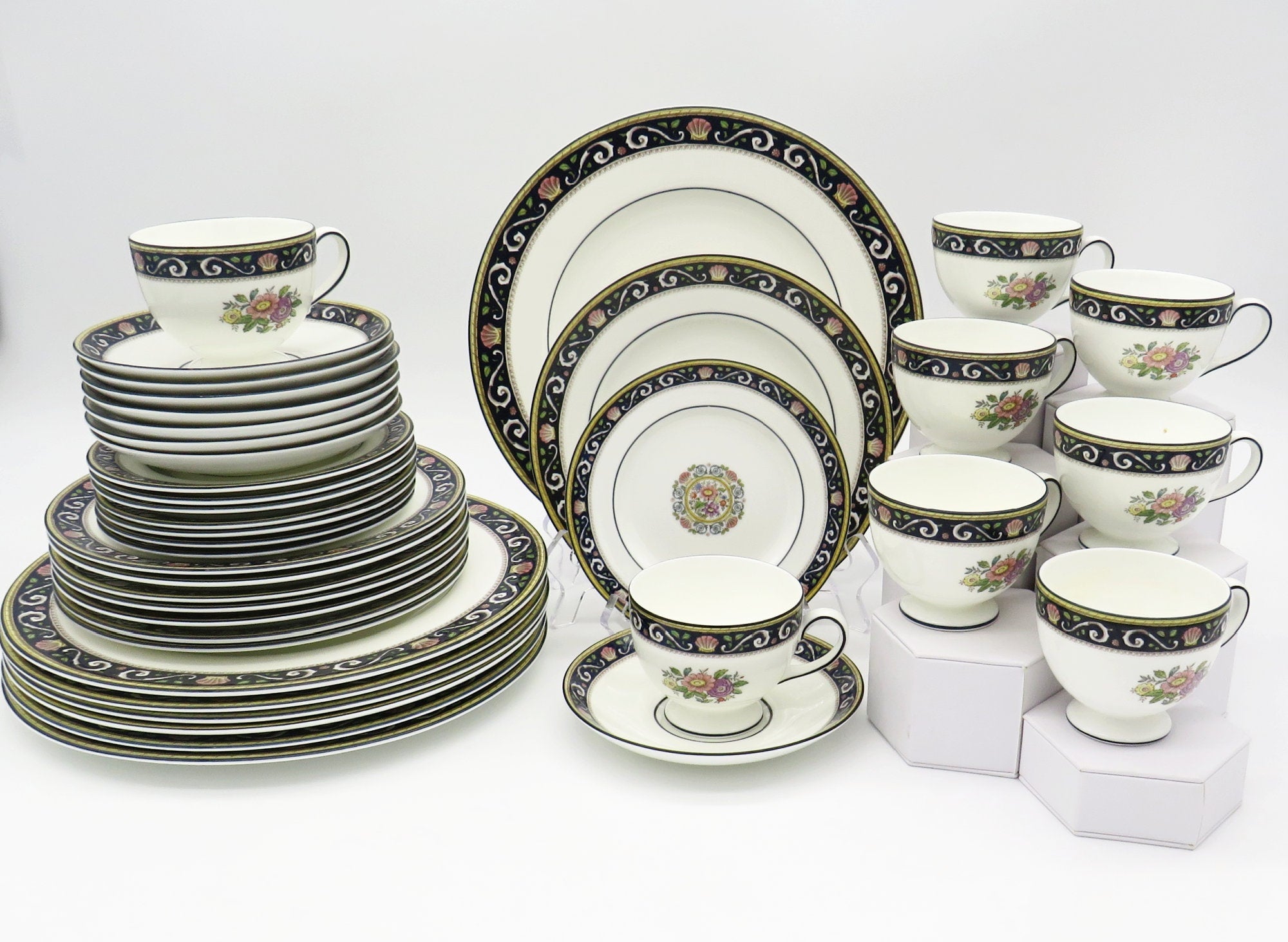 Wedgwood Wedgwood Runnymede China Set for 8, Dark Blue, Pink Shells, and Floral elements, Thanksgiving Dinnerware, Estate China set, Fine Bone China - China Set ClassyTea