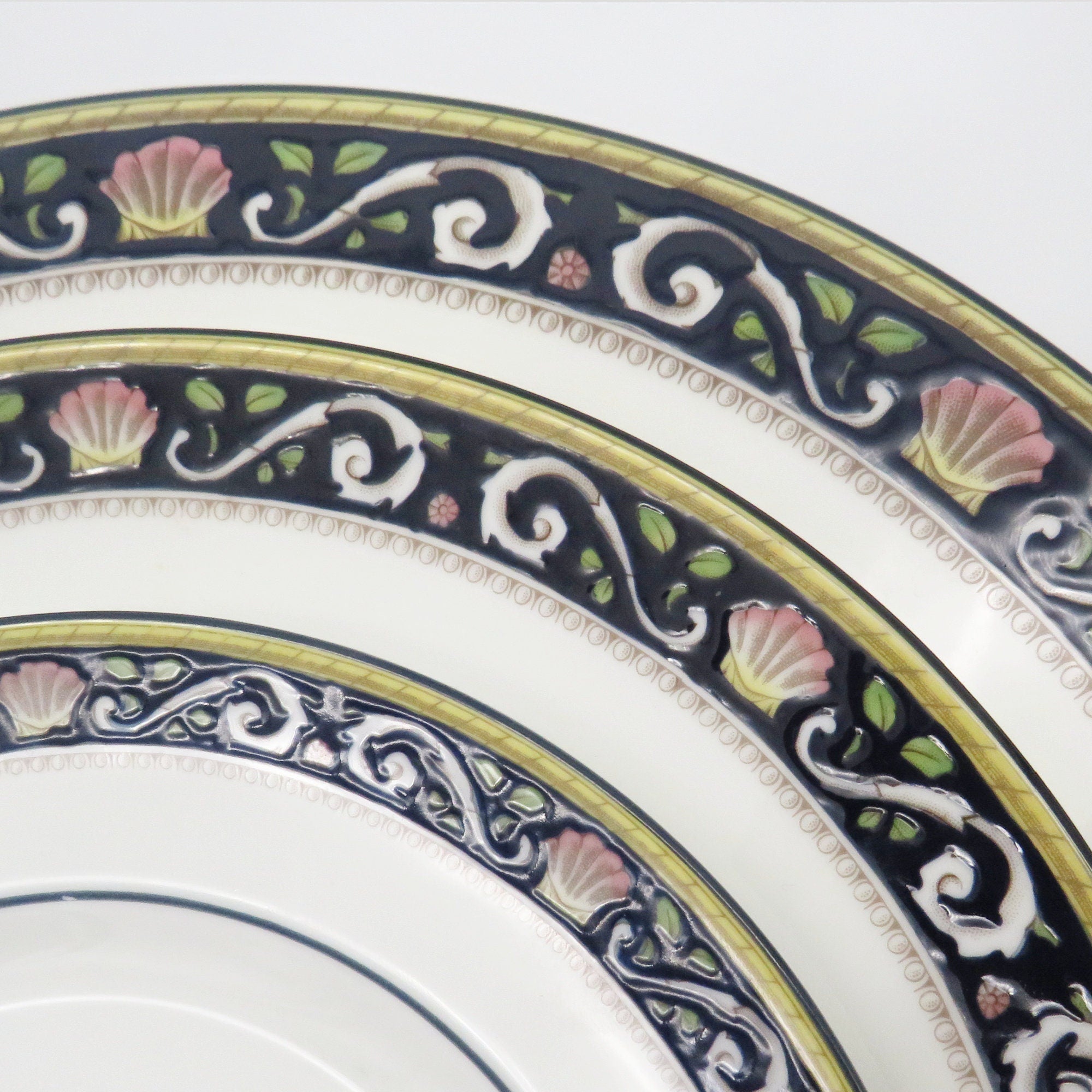 Wedgwood Wedgwood Runnymede China Set for 8, Dark Blue, Pink Shells, and Floral elements, Thanksgiving Dinnerware, Estate China set, Fine Bone China - China Set ClassyTea