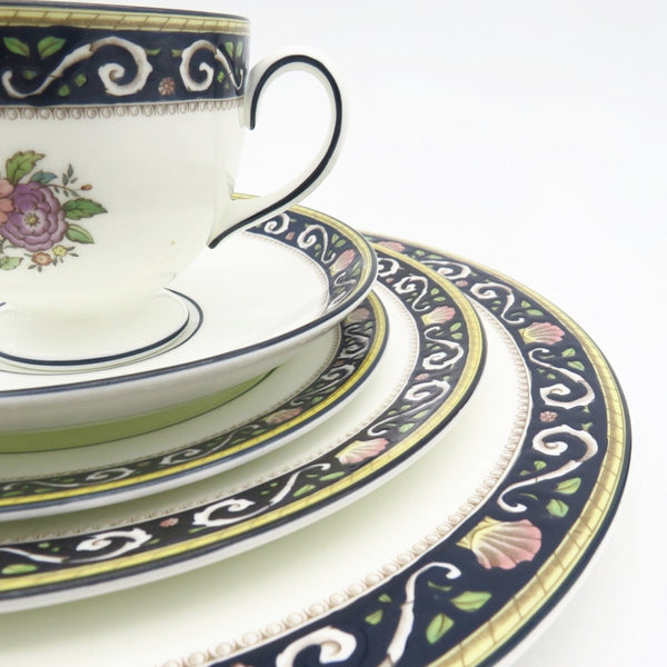 Wedgwood Wedgwood Runnymede China Set for 8, Dark Blue, Pink Shells, and Floral elements, Thanksgiving Dinnerware, Estate China set, Fine Bone China - China Set ClassyTea