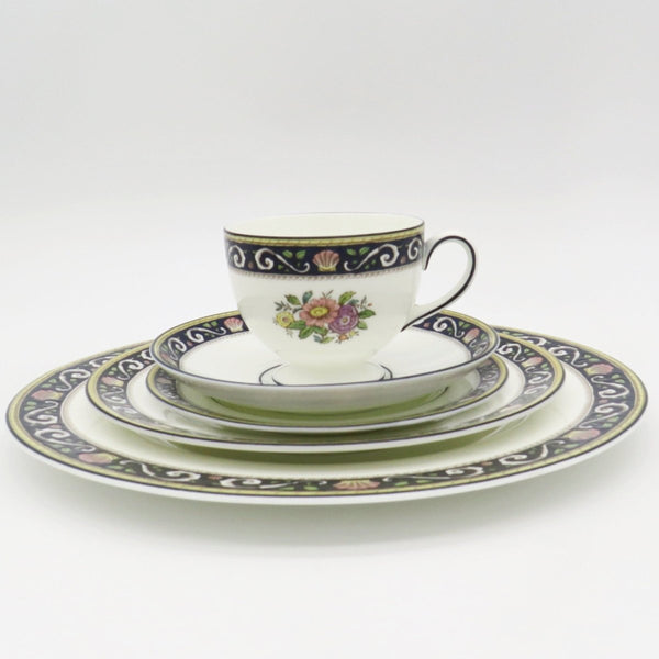 Wedgwood Wedgwood Runnymede China Set for 8, Dark Blue, Pink Shells, and Floral elements, Thanksgiving Dinnerware, Estate China set, Fine Bone China - China Set ClassyTea