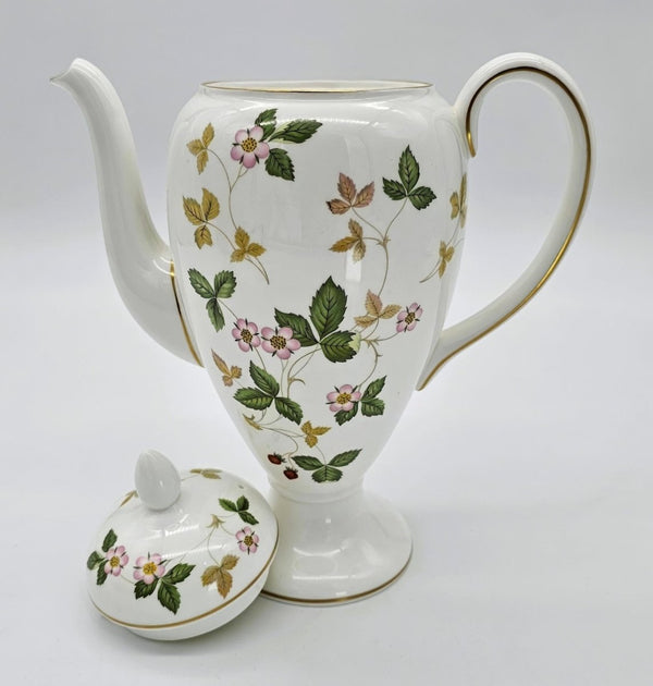 Wedgwood Wedgwood Wild Strawberry Coffee Pot with Lid, 5 Cups Fine Bone China, Fine Bone China, Discontinued Red Strawberry, Pink Blossoms, Gold Band - Coffee Pot ClassyTea