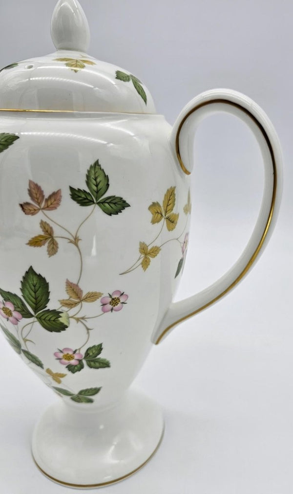 Wedgwood Wedgwood Wild Strawberry Coffee Pot with Lid, 5 Cups Fine Bone China, Fine Bone China, Discontinued Red Strawberry, Pink Blossoms, Gold Band - Coffee Pot ClassyTea