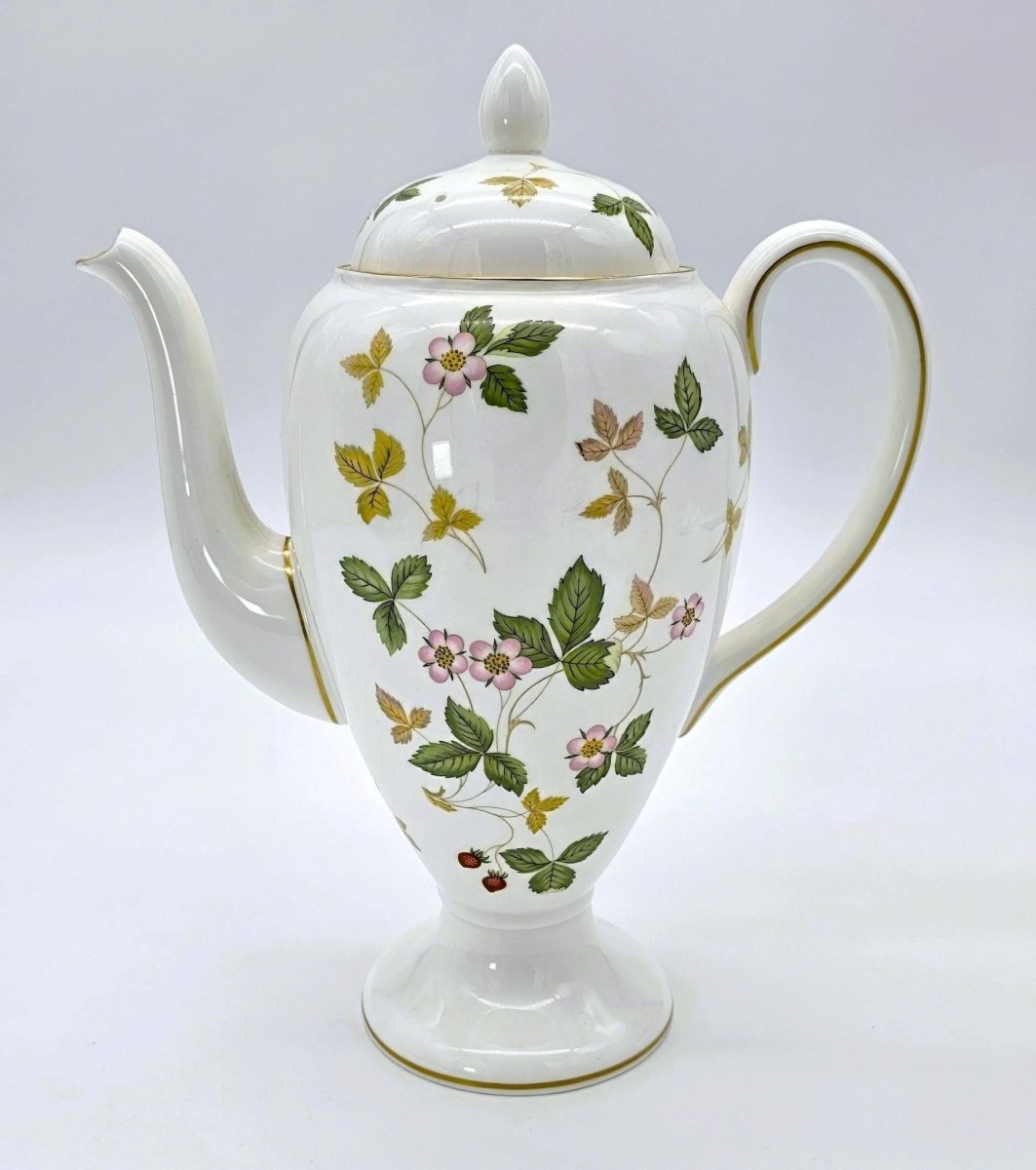 Wedgwood Wedgwood Wild Strawberry Coffee Pot with Lid, 5 Cups Fine Bone China, Fine Bone China, Discontinued Red Strawberry, Pink Blossoms, Gold Band - Coffee Pot ClassyTea