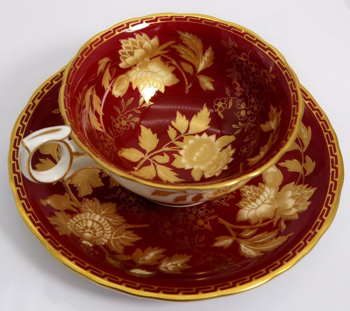 Wedgwood Wedgwood Burgundy Teacup and Saucer | Vintage Antique Golden Floral Flowers English Country Regency Bridgerton Red Gold Maroon Ruby Tea Cup - Cups & Saucers ClassyTea