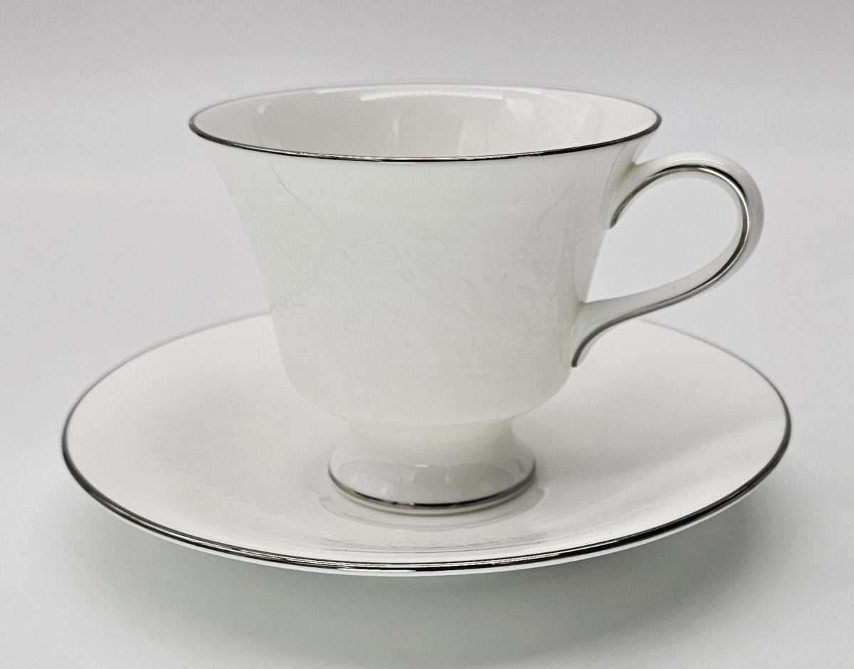 Wedgwood Wedgwood Silver Ermine Cups and Saucers, Set of 4, R4452 Contour Shape, Vintage Bone China, Elegance, Discontinued, Thanksgiving China Set - Cups & Saucers ClassyTea